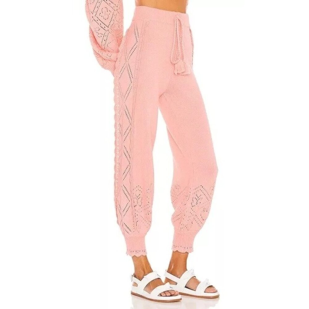 LoveShackFancy Pink Knit Track Pants with Eyelet Detail
